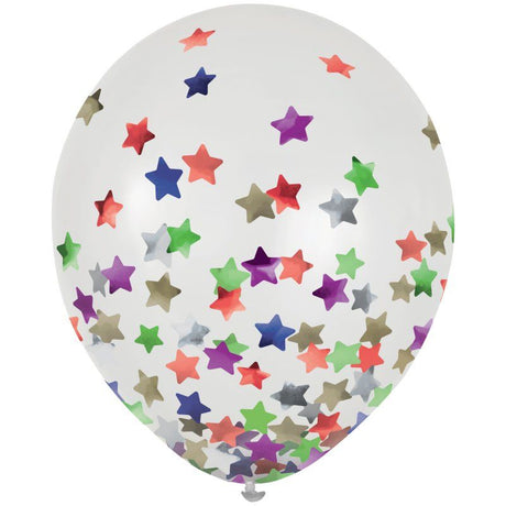 Pack of 6 vibrant 30cm latex balloons with confetti stars, perfect for festive celebrations and easy to inflate.