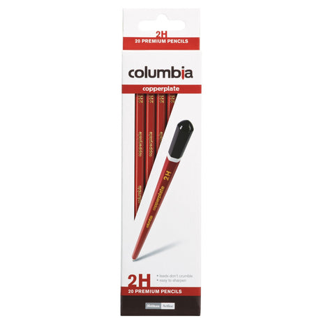Box of 20 Columbia Copperplate 2H hexagonal lead pencils with a red body, ideal for precision writing and sketching.