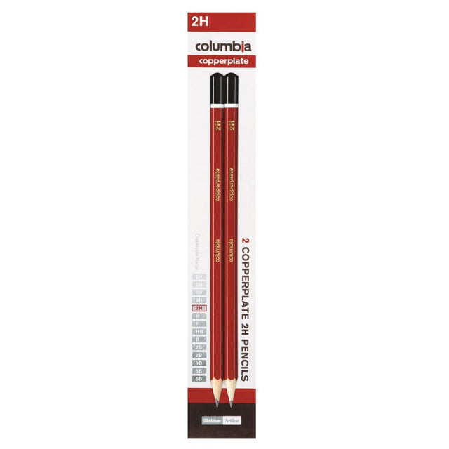 Columbia Copperplate hexagonal 2H pencils pack with striking red body, ideal for drawing and precise writing.