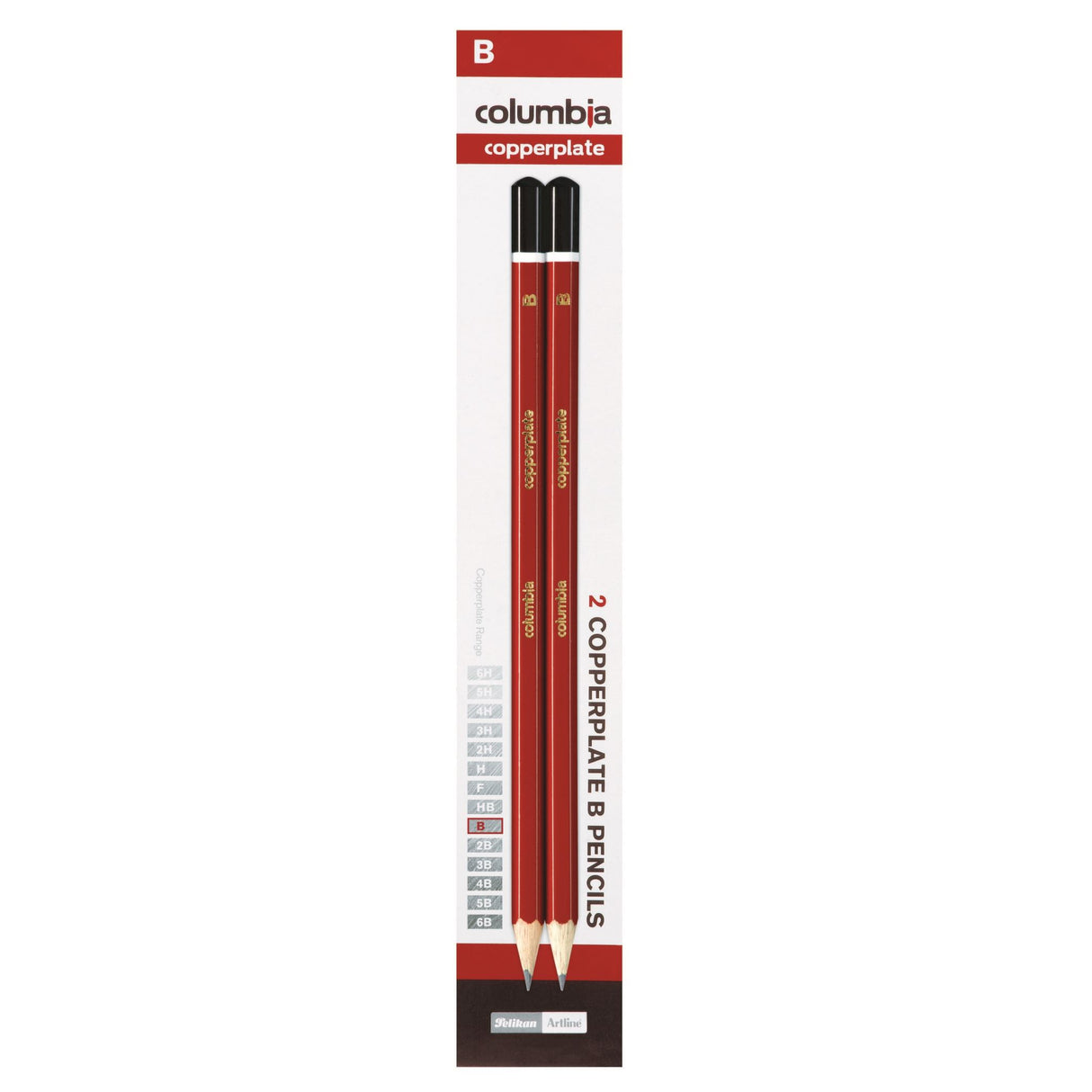 Columbia Copperplate Hexagonal B lead pencils in red with dark brown caps, packs of 10 for precision writing and drawing.