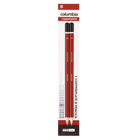 Columbia Copperplate Hexagonal B lead pencils in red with dark brown caps, packs of 10 for precision writing and drawing.