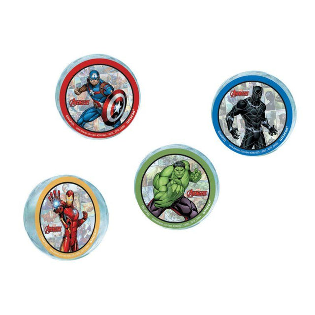 Pack of 4 colorful Marvel Avengers bounce balls featuring iconic superhero images for fun and play.