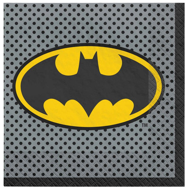 Pack of 16 Batman Heroes Unite lunch napkins featuring colorful superhero designs for themed parties.