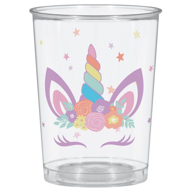 Colorful unicorn design plastic cup, 473ml capacity, perfect for parties and easy cleanup.