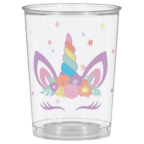 Colorful unicorn design plastic cup, 473ml capacity, perfect for parties and easy cleanup.