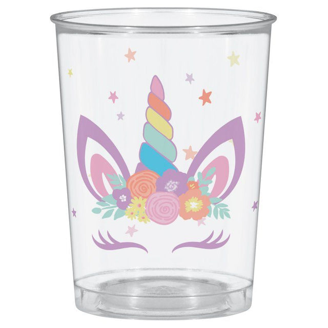 Colorful unicorn design plastic cup, 473ml capacity, perfect for parties and easy cleanup.