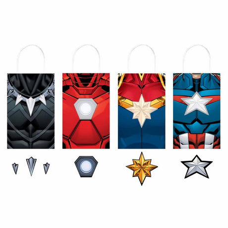 Pack of 8 Marvel-themed kraft bags, 21cm, perfect for parties and gifts.