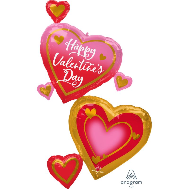 Giant pink, gold, and red foil balloon for Valentine's Day, 83cm x 147cm, ideal for festive celebrations and decorations.