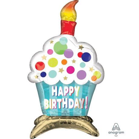 Vibrant 'Happy Birthday Cupcake' foil balloon, 38cm x 60cm, perfect for adding whimsy to birthday celebrations.