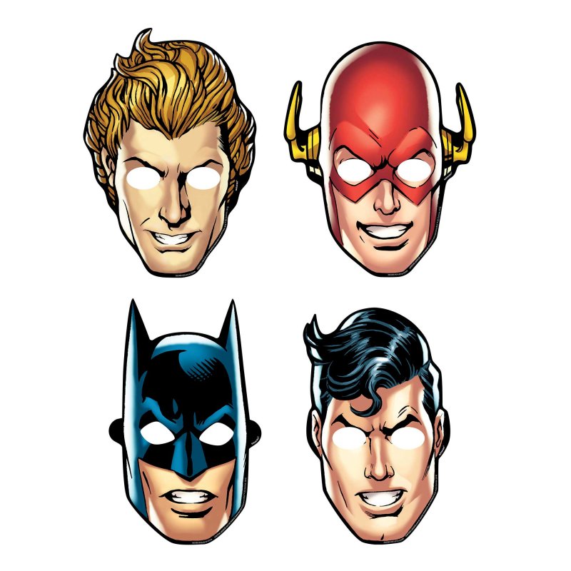 Colorful Justice League paper masks (24cm) for parties, featuring iconic superheroes, pack of 8 for fun celebrations.