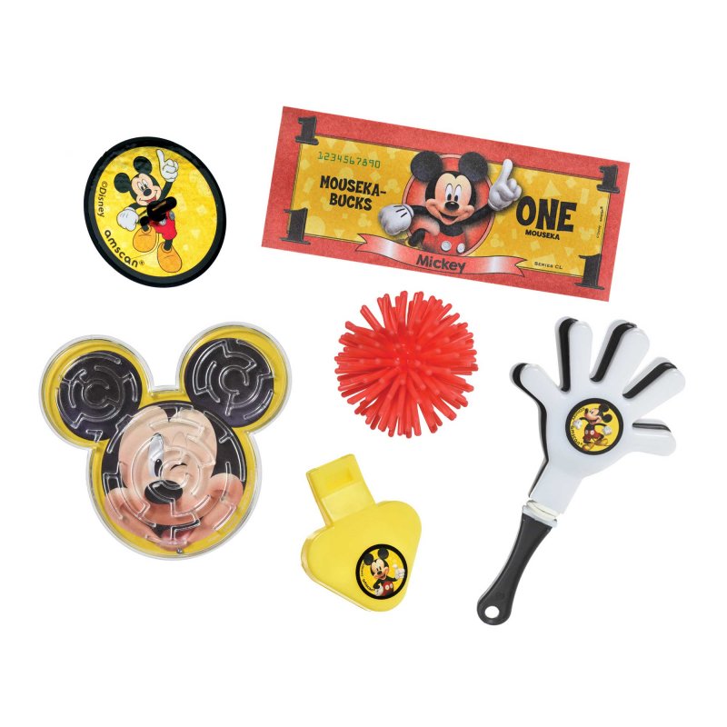 Pack of 48 Mickey Mouse party favors including puzzles, tops, balls, clappers, whistles, and money pads.