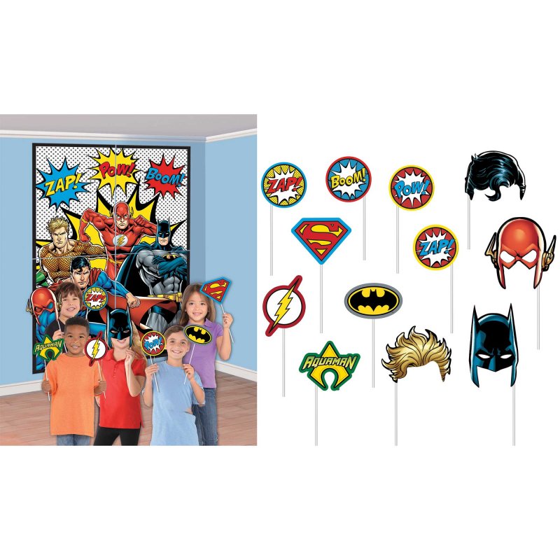 Justice League Unite scene setter pack with 4 large plastic backdrops and 12 fun cardboard props for superhero-themed parties.
