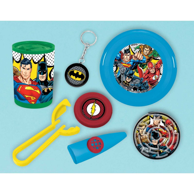 Justice League Heroes Unite Mega MVP pack of 48 includes fun party favors like kazoos, disc shooters, and puzzles for kids.