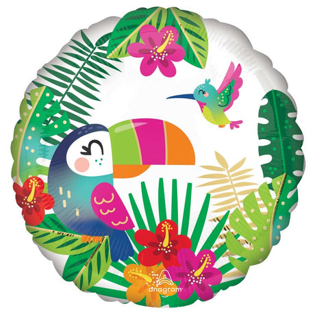 Vibrant 45cm foil balloon featuring tropical palm leaves, perfect for parties and celebrations.