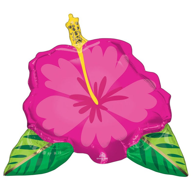 Vibrant 68cm tropical hibiscus foil balloon, perfect for luaus and summer parties, easy to inflate and self-sealing.
