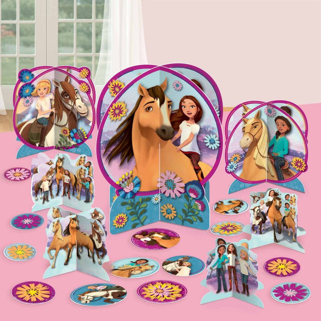 Table decorating kit featuring Spirit Ride Free themed cardboard cutouts and confetti in various sizes.