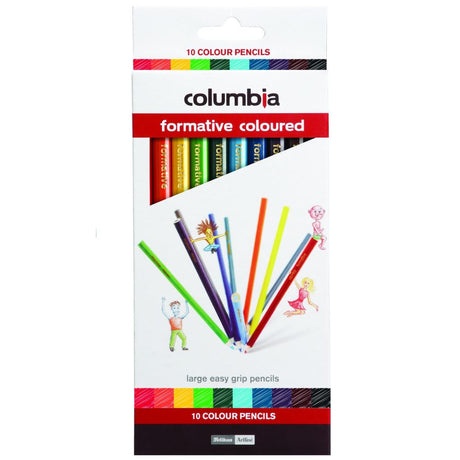 Set of 10 vibrant Columbia round color pencils with ergonomic grip, perfect for young artists' creative projects.