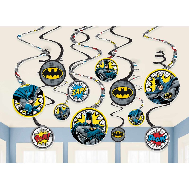 Vibrant Batman-themed spiral swirls hanging decorations featuring iconic characters, perfect for superhero parties.