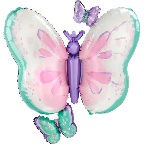 Vibrant 73cm x 71cm butterfly foil balloon, perfect for festive occasions and decorations, with intricate details and bright colors.