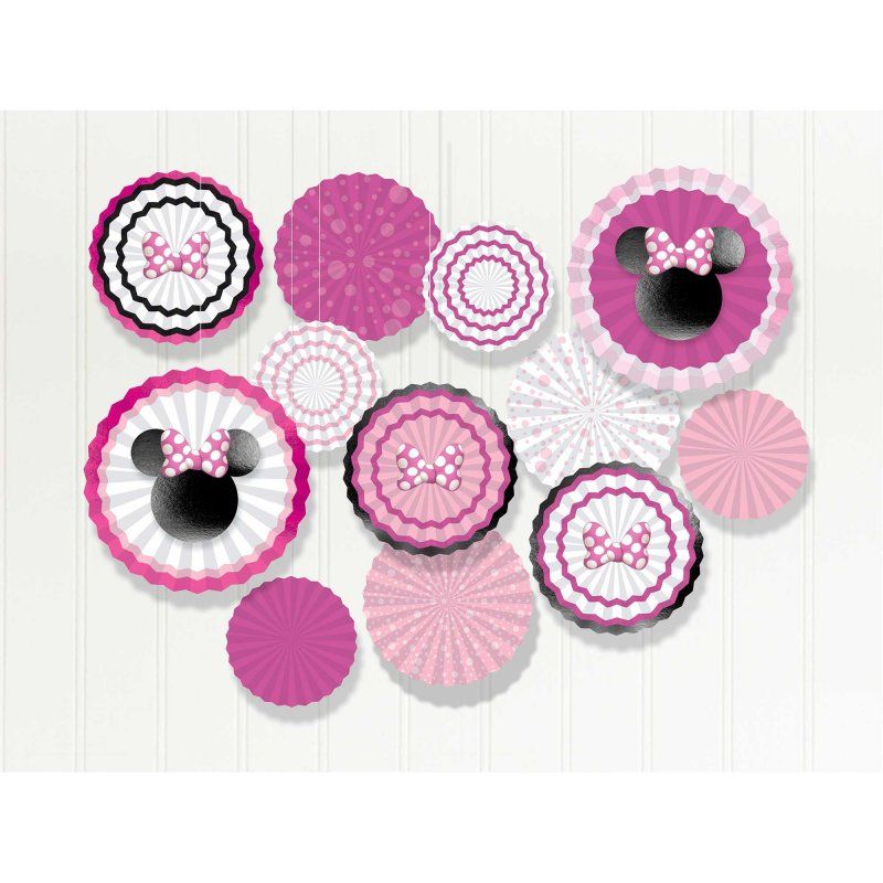 Minnie Mouse Forever Paper Fans kit with 17 colorful fans and cutouts for Disney-themed party decor.