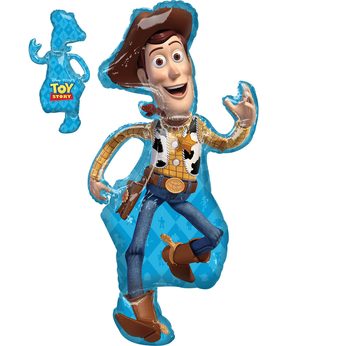 Supershape balloon featuring Toy Story 4's Woody, measuring 55cm x 111cm, perfect for themed parties.