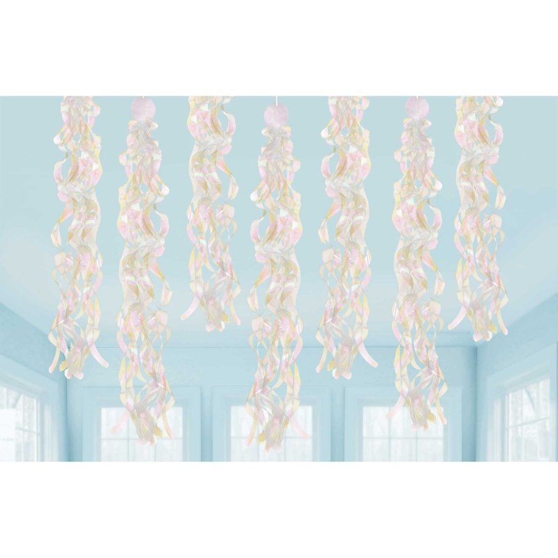 Luminous iridescent swirls hanging decorations, 86cm each, ideal for vibrant birthday parties and celebrations. Pack of 10.