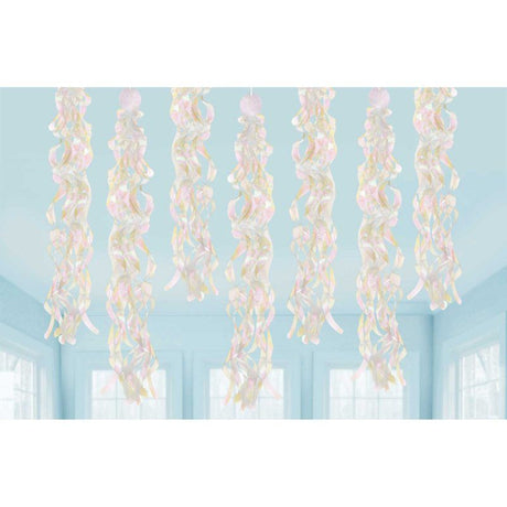 Luminous iridescent swirls hanging decorations, 86cm each, ideal for vibrant birthday parties and celebrations. Pack of 10.