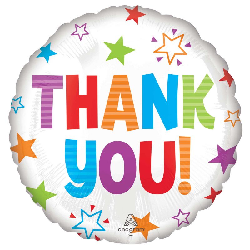 45cm self-sealing foil balloon with colorful stars, perfect for expressing gratitude.