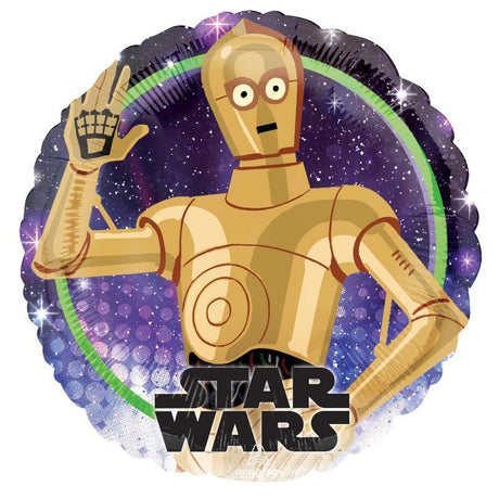 45cm foil balloon featuring C-3PO from Star Wars, perfect for themed parties and celebrations with vibrant colors.