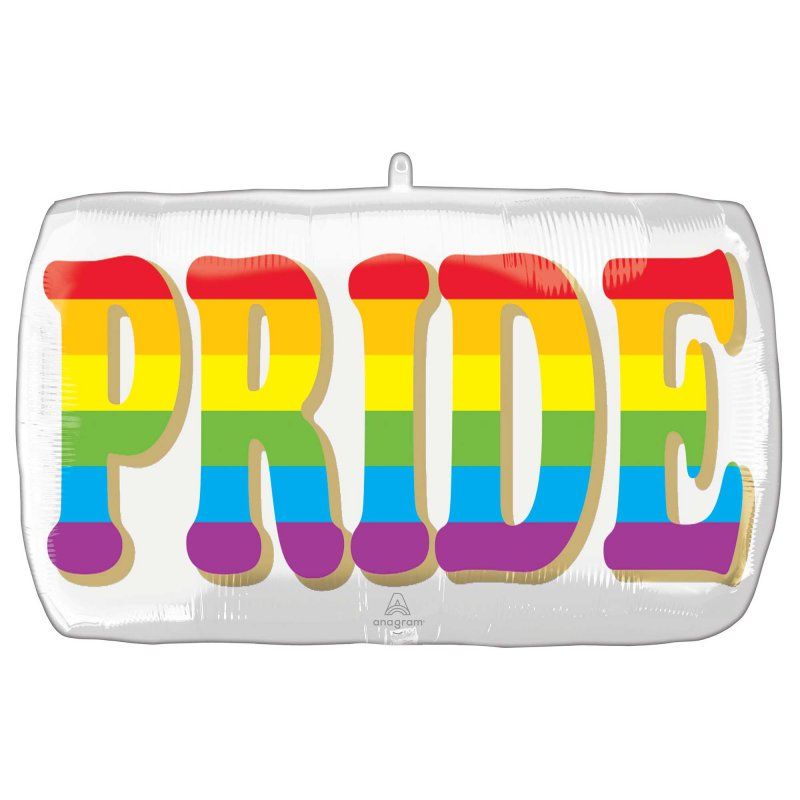 Large self-sealing foil balloon in a vibrant pride design, measuring 71cm x 43cm, with hang tabs included.