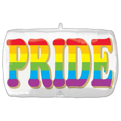 Large self-sealing foil balloon in a vibrant pride design, measuring 71cm x 43cm, with hang tabs included.