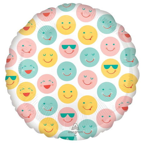 45cm smiley face balloons in vibrant colors, perfect for brightening parties and celebrations with joy.