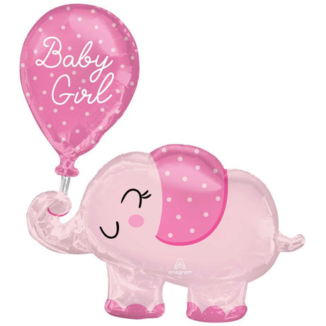 Colorful foil balloon featuring a charming baby girl elephant, perfect for baby showers and celebrations, measuring 78cm.