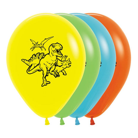 Set of 25 vibrant 30cm dinosaur balloons in assorted colors, perfect for dino-themed parties and celebrations.
