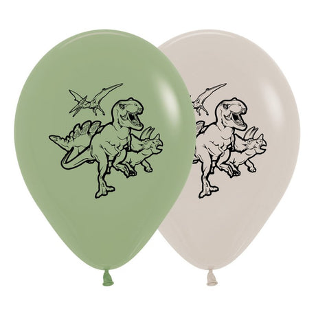Set of 25 Eucalyptus and White latex balloons featuring a Dinosaurs Fashion design, perfect for children's parties.