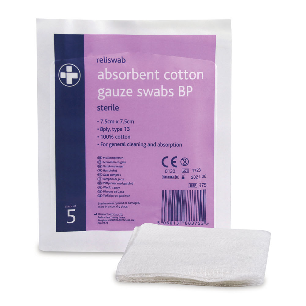 Absorbent Cotton Gauze Swabs BP 7.5cm x 7.5cm Pack of 5