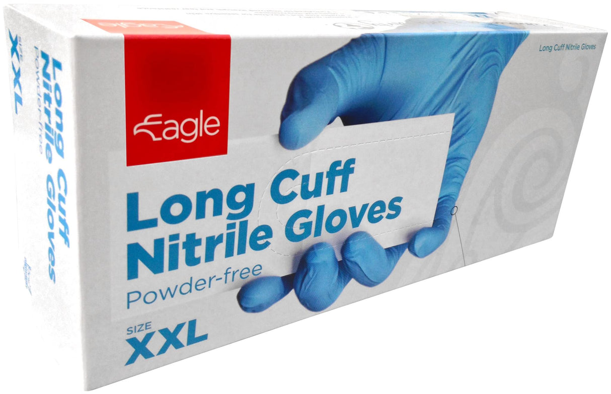 Eagle Long Cuff Nitrile Gloves Powder Free S-3XL Pack of 100 - Standard - 3XL