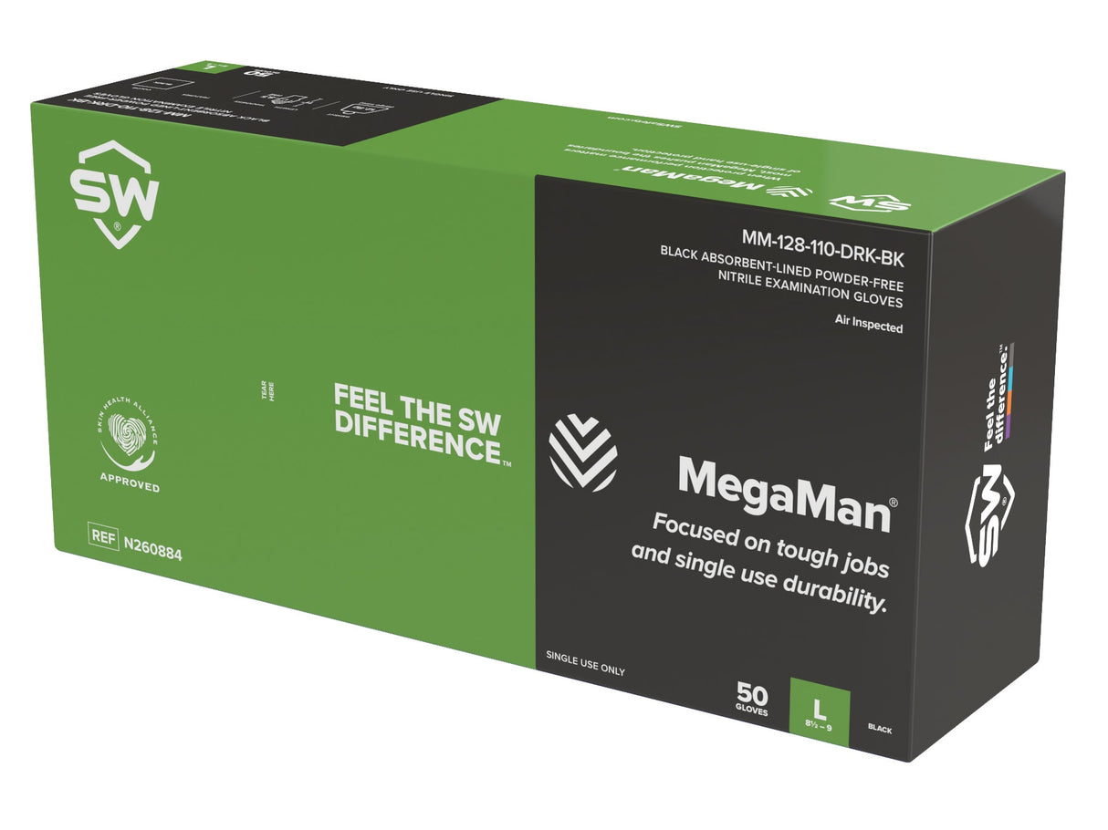Megaman Nitrile Gloves Powder Free Black M-2XL (Pack of 50) - Standard - 2XL