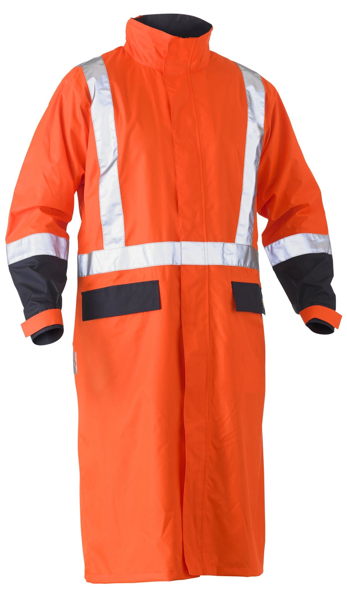Bisley, Hi Vis Taped Long Rain Coat, BJ6961T - Orange/Navy (Size: 3XL)