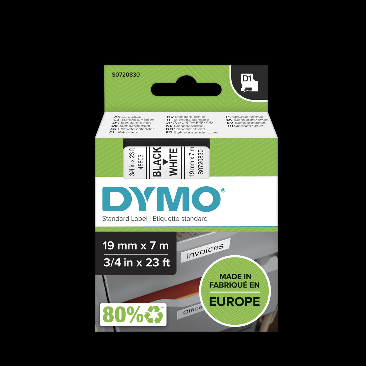 Dymo D1 Labelling Tape Black On White 19mm x 7m (Pack)