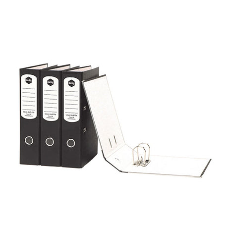 Marbig L/Arch Paper Spine A4 in Black, durable lever arch file with 75mm capacity for 375 sheets, includes spine label.