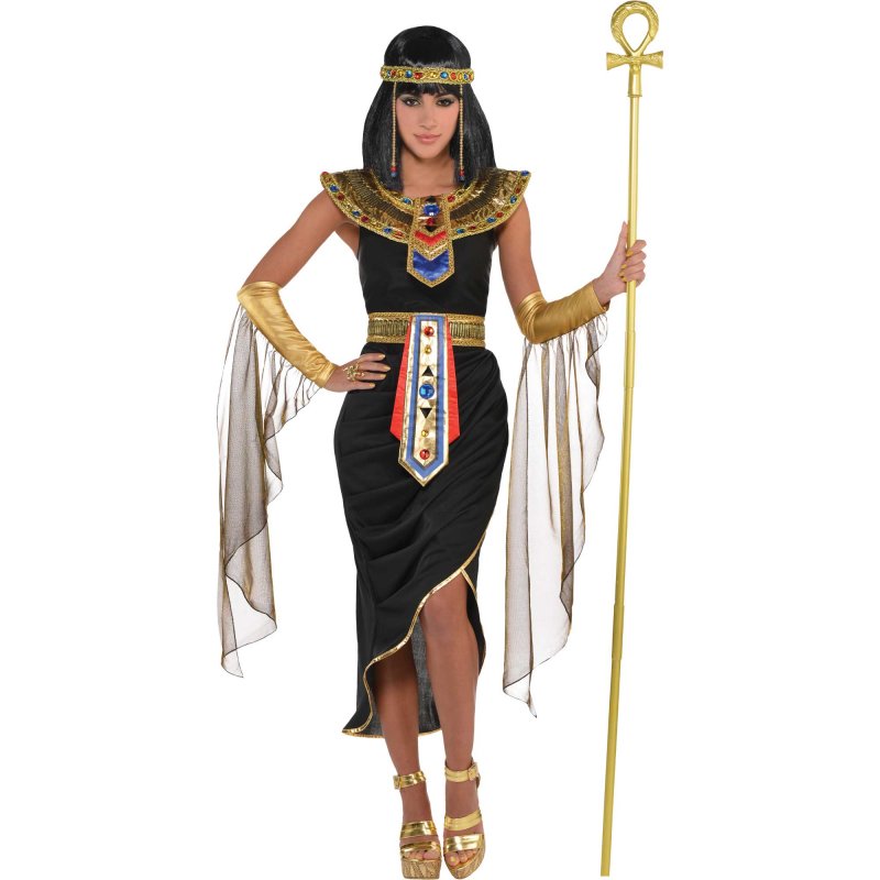 Egyptian Queen costume for women (size 14-16) featuring a dress, headwreath, collar, belt, and sleevelettes.