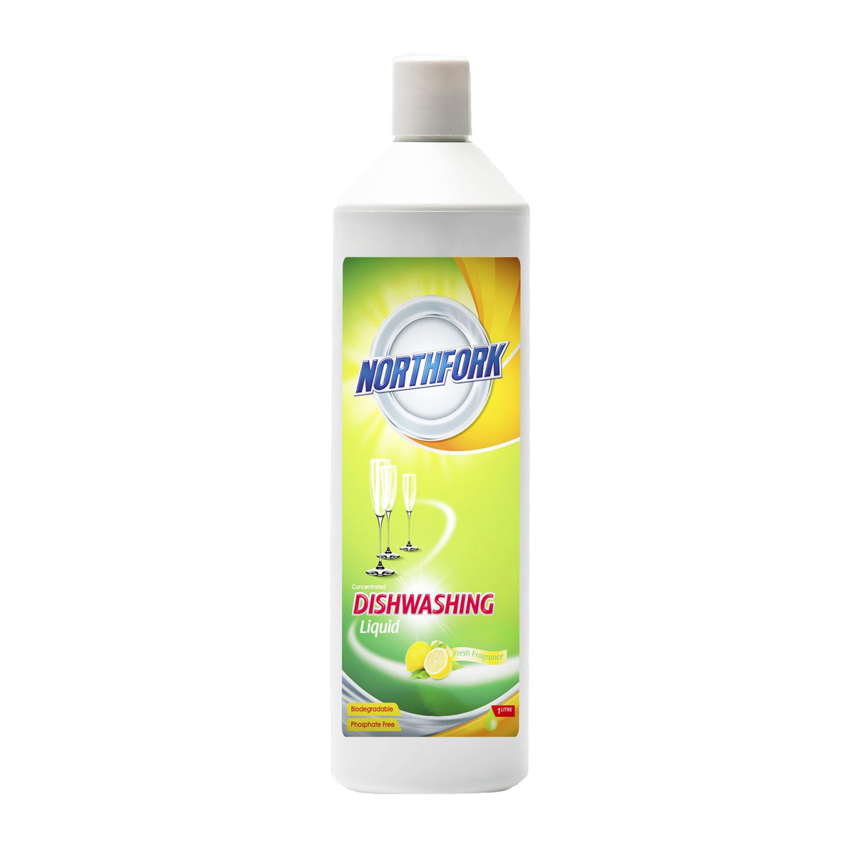 12-pack of Northfork Dishwashing Liquid 1L bottles, effective for tough grease, eco-friendly, and gentle on hands.