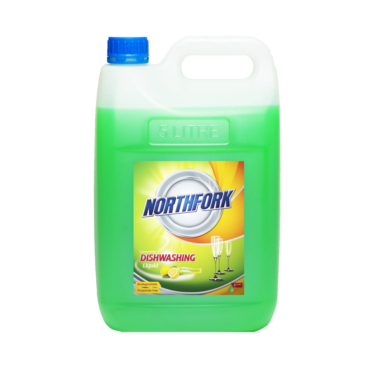 Northfork Dishwashing Liquid 5L, eco-friendly formula that cleans dishes while being gentle on hands and phosphate-free.