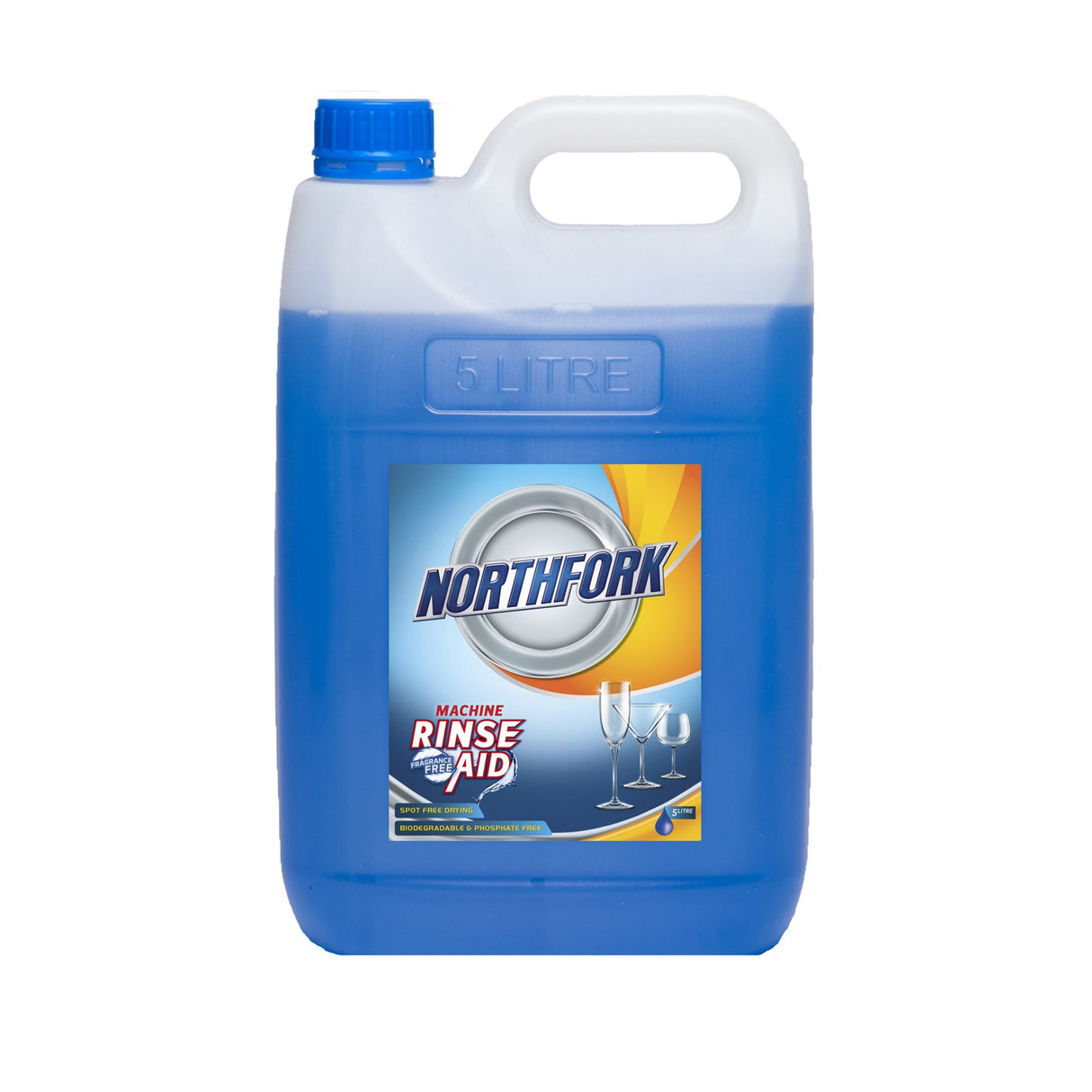 Northfork Machine Rinse Aid 5L pack of 3, ensuring quick drying and spotless cleaning for dishwashers.