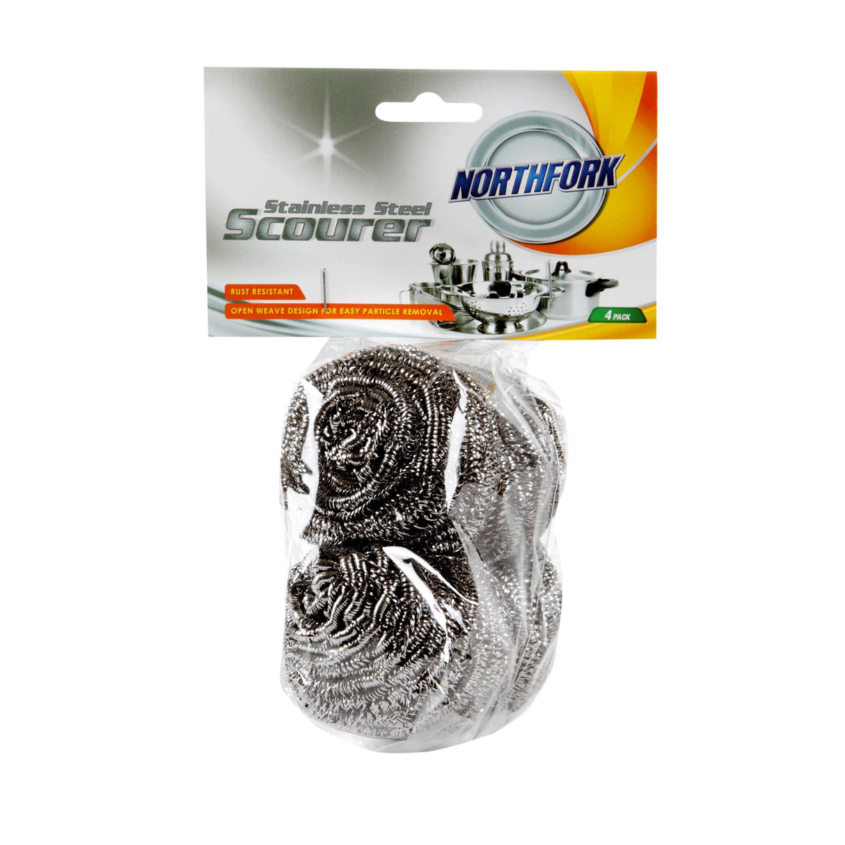 Northfork Stainless Steel Scourers Pk4, durable, rust-resistant cleaners for tough kitchen surfaces and cookware.