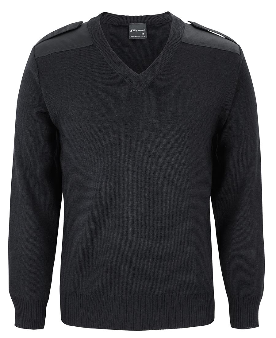 JB's Wear, Knitted Epaulette V-Neck Jumper, 6EJ - Black (Size: M)