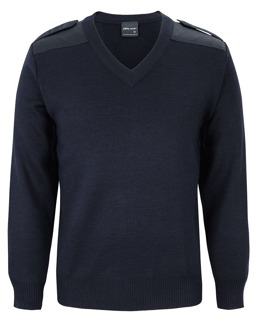 JB's Wear, Knitted Epaulette V-Neck Jumper, 6EJ - Navy (Size: S)