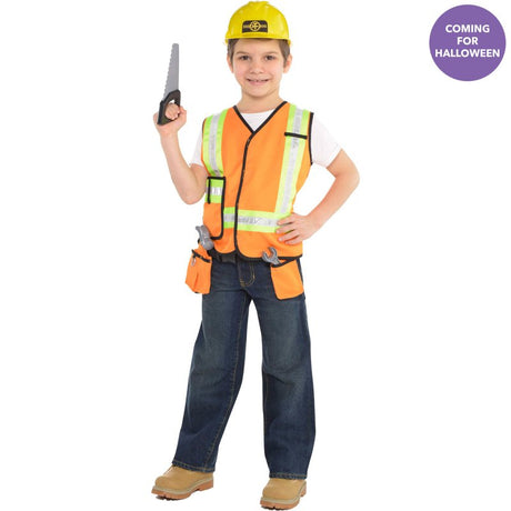 Construction Worker Kit for kids (4-6): vest, tool belt, hammer, wrench, saw, goggles, and blueprint; perfect for imaginative play.