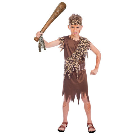 Caveboy Costume for ages 8-10, featuring a rugged robe, belt, and bandana for adventurous playtime fun.